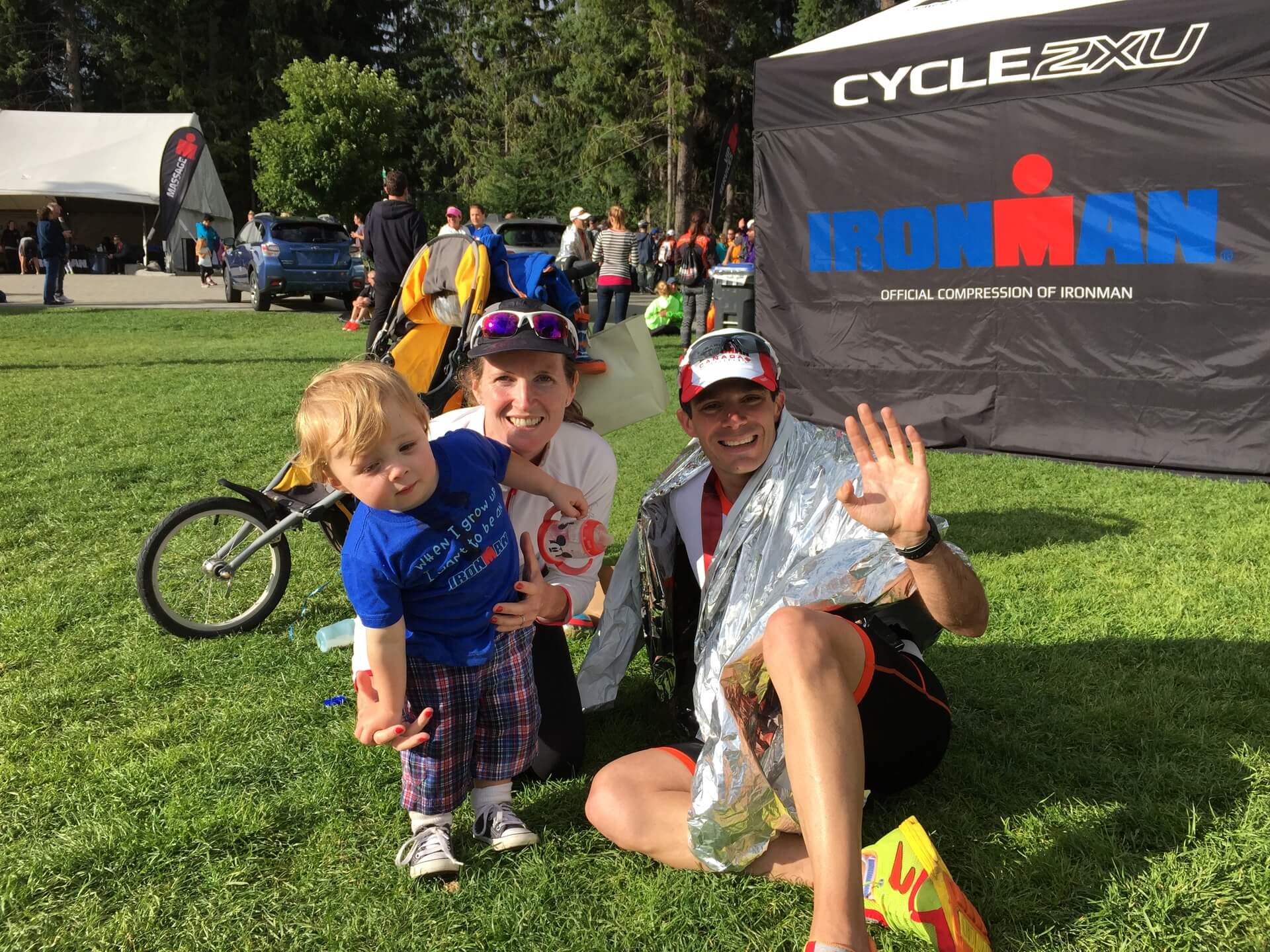 CEO Geoff, his wife and our Founder Caoimhe and their first son Alex at the finish of Ironman Canada in 2015. Geoff suffered a puncture and missed out on World Championship qualification